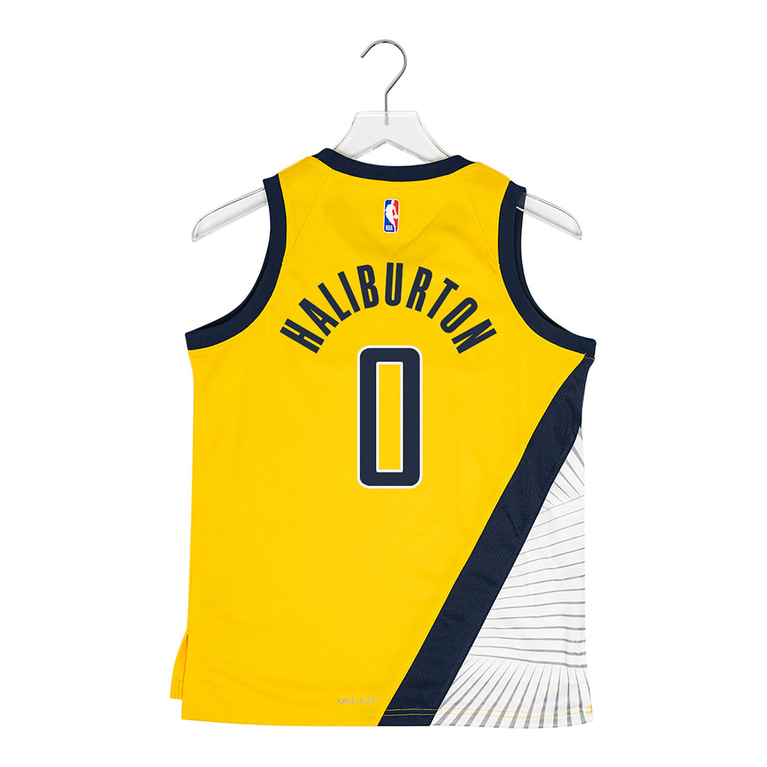 Youth Indiana Pacers Tyrese Haliburton Statement Swingman Jersey by Jordan In Gold, Blue & White - Back View
