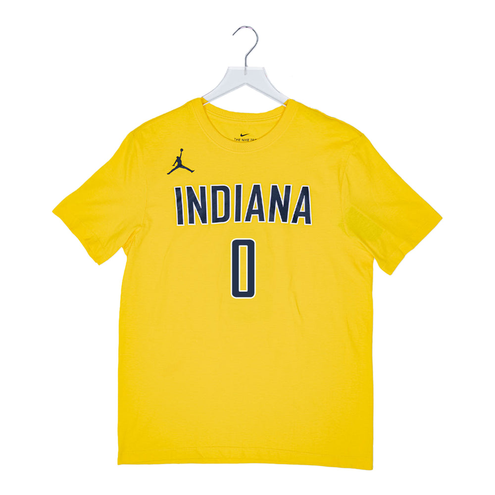 Adult Indiana Pacers #0 Tyrese Haliburton Statement Name and Number T-shirt by Jordan in Gold - Front View